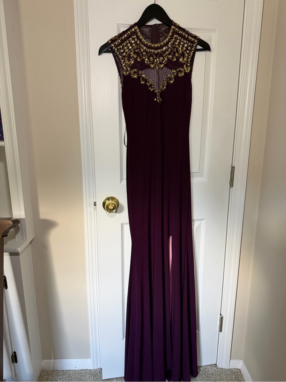 Betsy & Adam Plum Evening Gown with Gold Beaded Yoke